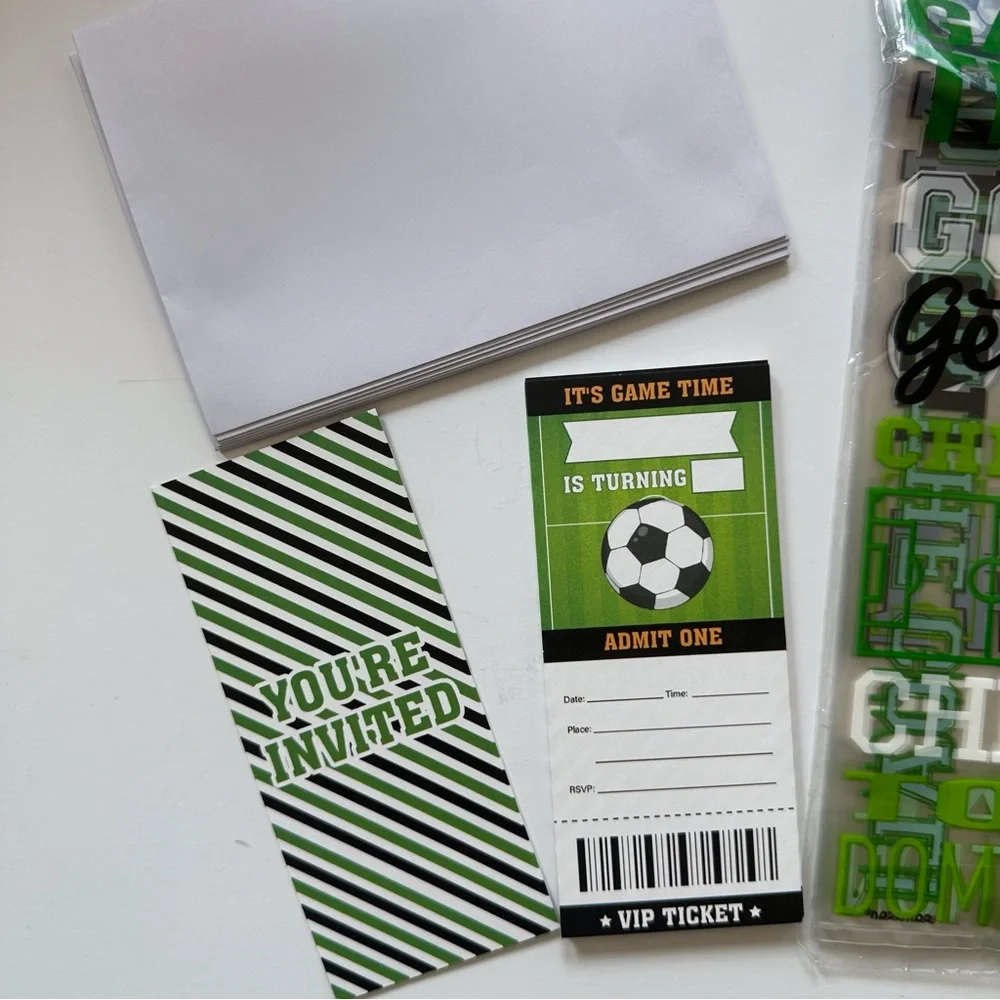 12 soccer birthday invitations and‎ 12 soccer theme treat bags with ties